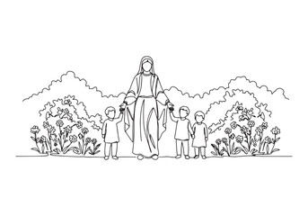 Obraz premium One Line Drawing of the Virgin Mary with Children and Flowers Il