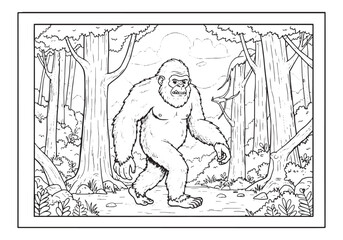 Bigfoot in Forest Coloring Page for Kids, A Detailed Black and W