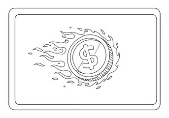 Burning coin coloring page for kids with spinning money currency