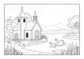 Obraz premium Serene Chapel Landscape with Swans, A Detailed Coloring Book Pag