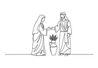 Obraz premium Mary Magdalene Recognizes Jesus after Resurrection in Line Art S