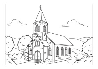 Fototapeta premium Charming Country Church in Black and White Coloring Book Style I