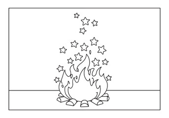 Whimsical Bonfire, Stars Falling into Flames, Coloring Book Illu