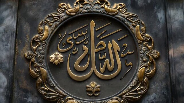 Islamic art featuring intricate calligraphy of Allahs name on an ornate plaque