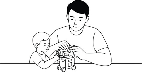 Father and Son Building Robot Vector Illustration