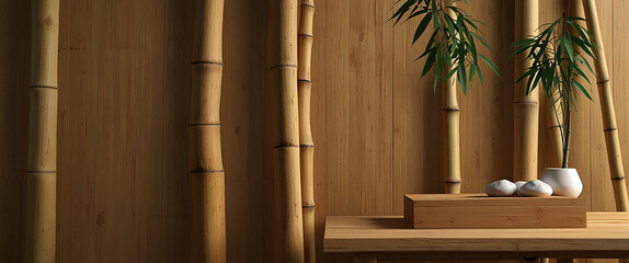 Bamboo stalks with green plant and stones on wooden table against bamboo wall