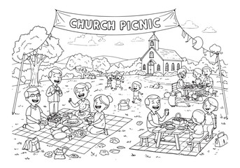Delightful church picnic coloring page with family gathering and