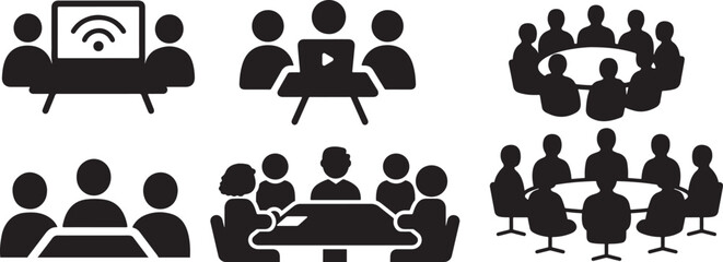 Simple black and white silhouette illustration of a virtual meeting.