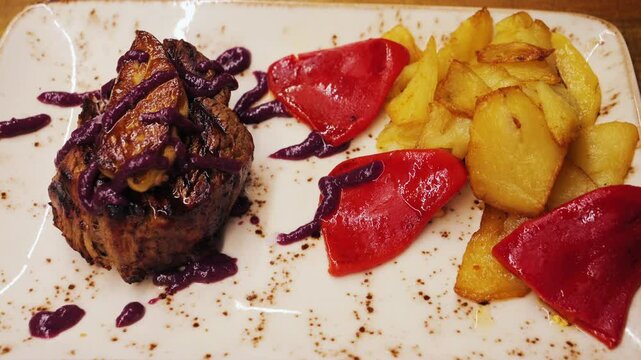 Solomillo steak and foie gras served with potatoes and peppers on a white plate. High quality 4k footage