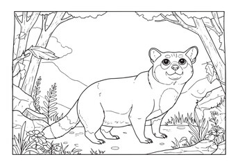 Adorable Peterbald Cat in a forest coloring book page illustrati