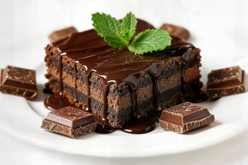 piece of chocolate cake concept mint on the table close-up un trozo de tarta de chocolate concepto menta sobre la mesa primer plano morceau de gâteau au chocolat concept menthe sur la table gros plan