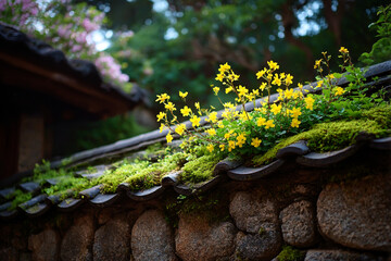 Obraz premium In the early spring, there is an ancient Chinese stone wall with yellow plum blossoms on it