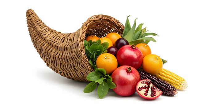 Abundant Thanksgiving cornucopia overflowing with ripe pomegranates, oranges, corn, and plums a festive autumn harvest scene