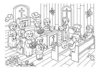 Black and white illustration of children giving tithing and offe