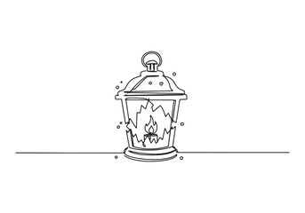 Continuous Line Drawing of an Old Lantern with a Burning Candle