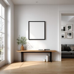 Bright, minimalist hallway with a framed artwork