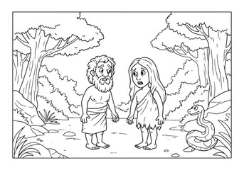 Fototapeta premium Adam and Eve encounter the serpent in coloring book style illust