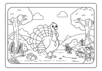 Whimsical Turkey Coloring Page with Forest Scene, Perfect for Fa