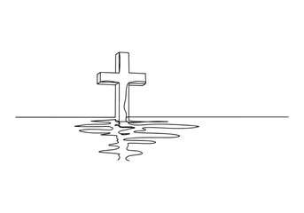 Elegant line art illustration of a cross with reflection on wate