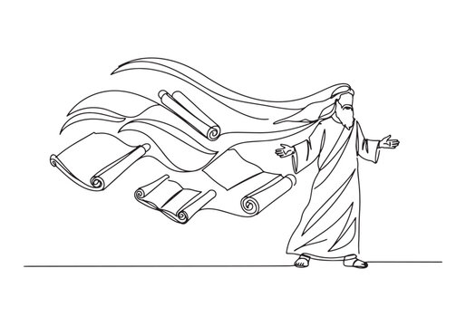 Single line drawing of bearded man presenting scrolls 2562 illus
