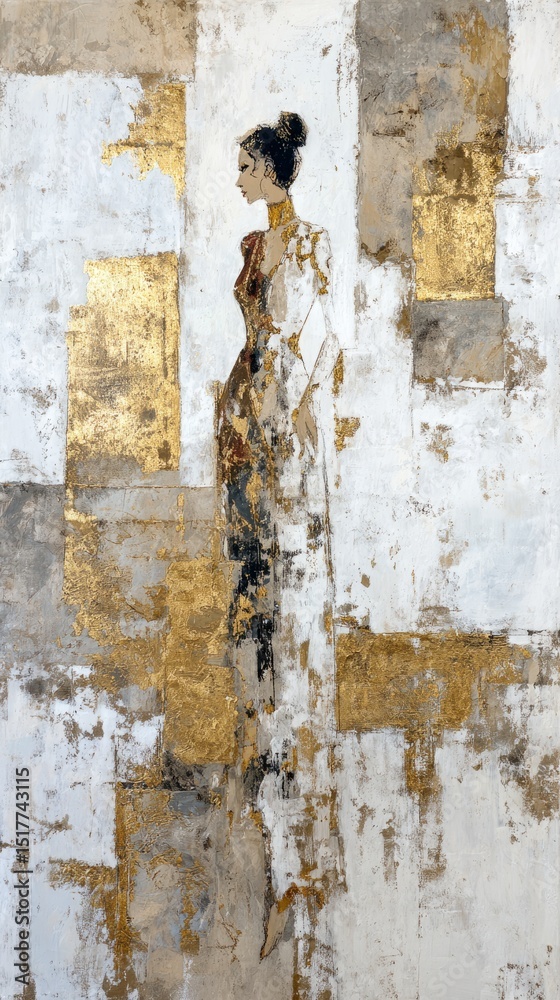 Poster elegant figure in an abstract composition with a golden background and contrasting textures in a mod
