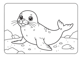 Adorable baby seal on the beach in black and white coloring page