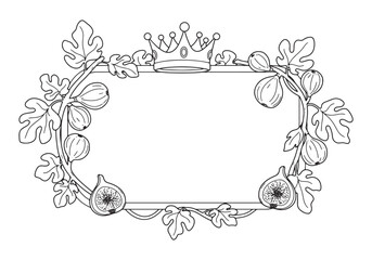 Elegant frame with fig branch and crown for coloring book design