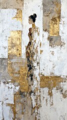 Elegant figure in an abstract composition with a golden background and contrasting textures in a modern artistic style