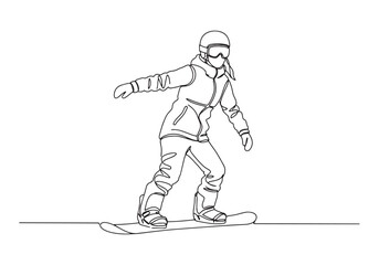 Fototapeta premium Continuous line drawing of a female snowboarder gliding through