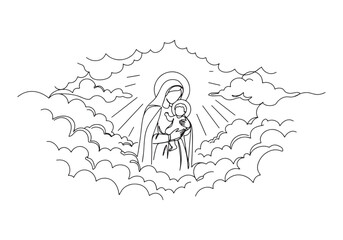 Continuous Line Drawing of Mary Holding Baby Jesus Amidst Clouds