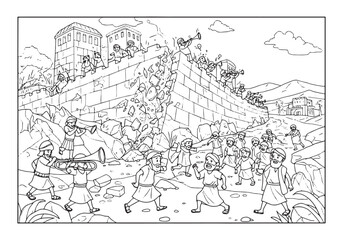 Obraz premium Coloring Book Page Illustration of the Biblical Fall of Jericho