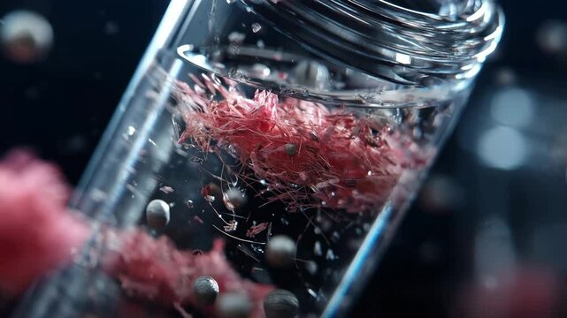 Macro shot of red PET plastic flakes breaking down inside a transparent bioreactor vial after plastic-eating enzymes are introduced, under futuristic lab lighting, a sci-tech biodegradation process