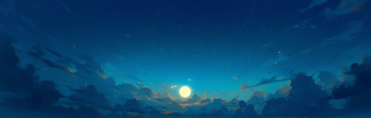 Obraz premium A fantasy banner background of the moon and clouds with birds flying in blue light