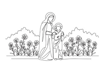A Tender Continuous Line Drawing of Mary and Jesus Among Flowers