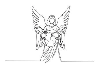 Fototapeta premium Continuous Line Drawing of an Angel Holding the Earth - Hope and