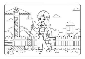 Cheerful female construction worker coloring page for kids with