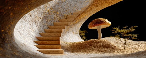 Fungal computing design. A surreal interior with wooden stairs and a giant mushroom.