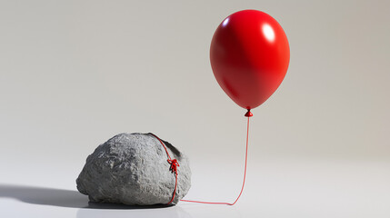 A bright red balloon tied down to a heavy gray rock on a clean surface. Metaphor for depression, the desire to rise but weighed down by invisible burdens.