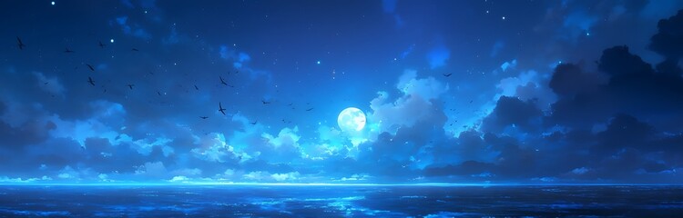 A fantasy banner background of the moon and clouds with birds flying in blue light