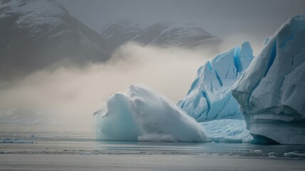 Glacier calving into ocean waves, icy mist rising, symbolizing rapid ice loss and climate change.