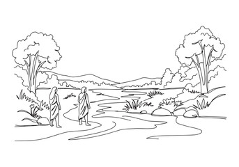 Obraz premium Adam and Eve Continuous Line Drawing in Paradise with Nature Sce
