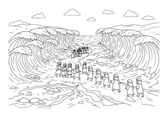 Moses parts the Red Sea coloring page illustration, a black and