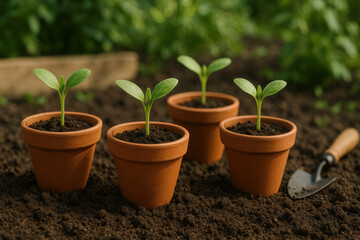 small pots with plants growing in them.