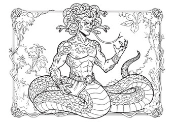 Detailed black and white coloring page of a male gorgon for adul