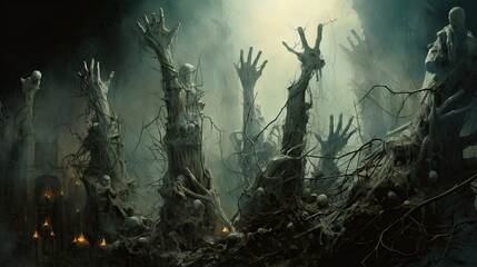 Dramatic eerie landscape of dark hands rising from cryptic formations