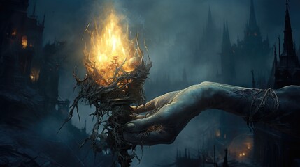 Mysterious hand holding a glowing organic torch in a dark gothic atmosphere