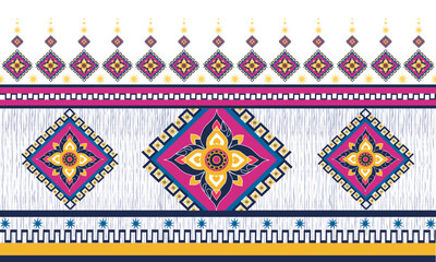 Colorful modern Thai pattern with floral diamond motifs, perfect for textiles, wallpapers, and crafts. Traditional meets trendy with bold pink, gold, and navy highlights.