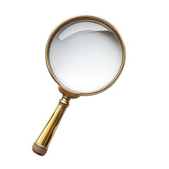 A vintage golden magnifying glass for detailed inspection against a stark on transparent background