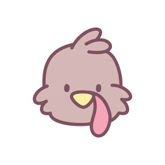Cute turkey icon. Funny hand drawn illustration of bird head on white background. Kawaii Thanksgiving sticker. Vector 10 EPS.