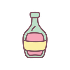 Cute wine icon. Hand drawn illustration of green glass bottle with red liquid on white background. Vector 10 EPS.